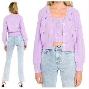 ENGLISH FACTORY Lavender Embroidered Floral Cardigan Faux Shell Buttons So Soft